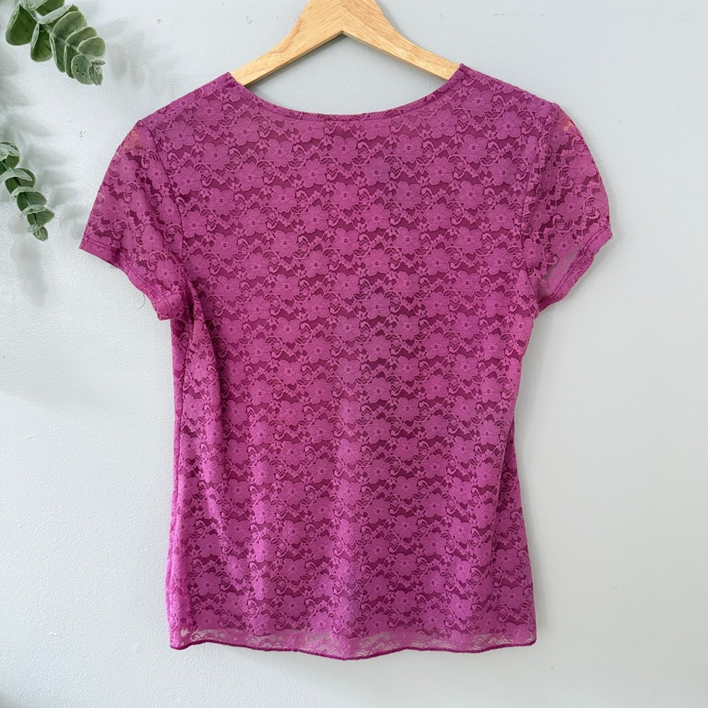 Faded Glory Top Babydoll Coquette Y2K Fuschia Floral Lace Short Sleeve Women's S - Picture 2 of 8